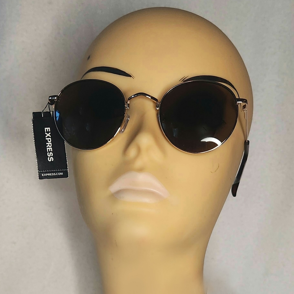 Express Round Wire Frame Sunglasses Brown/Gold Retro-Inspired Design Nose Pads